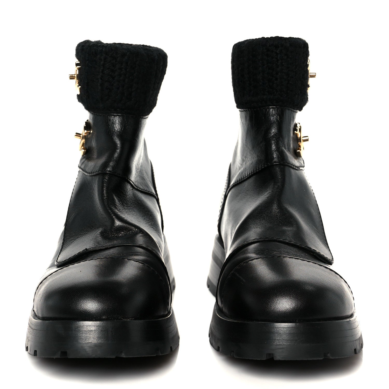 Calfskin Knit CC Short Boots 38 Black