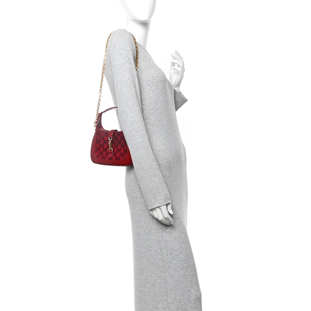 Gucci Calfskin Beaded Embroidery GG Monogram Mini Jackie 1961 Cherry Red