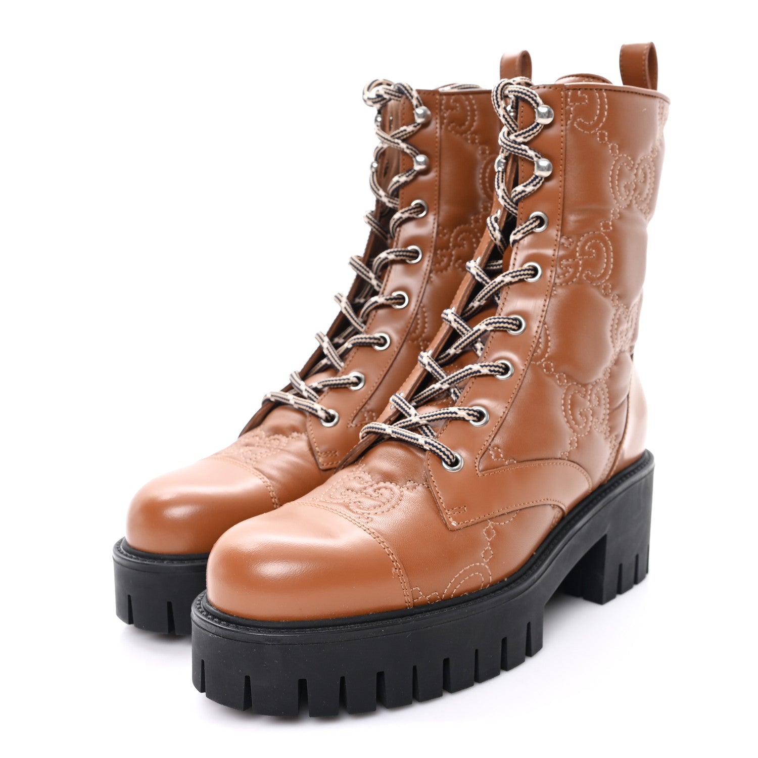 Gucci Cordovan Lux Nappa GG Matelasse Lace Up 60mm Combat Boots 37.5 Dark Hazel Brown
