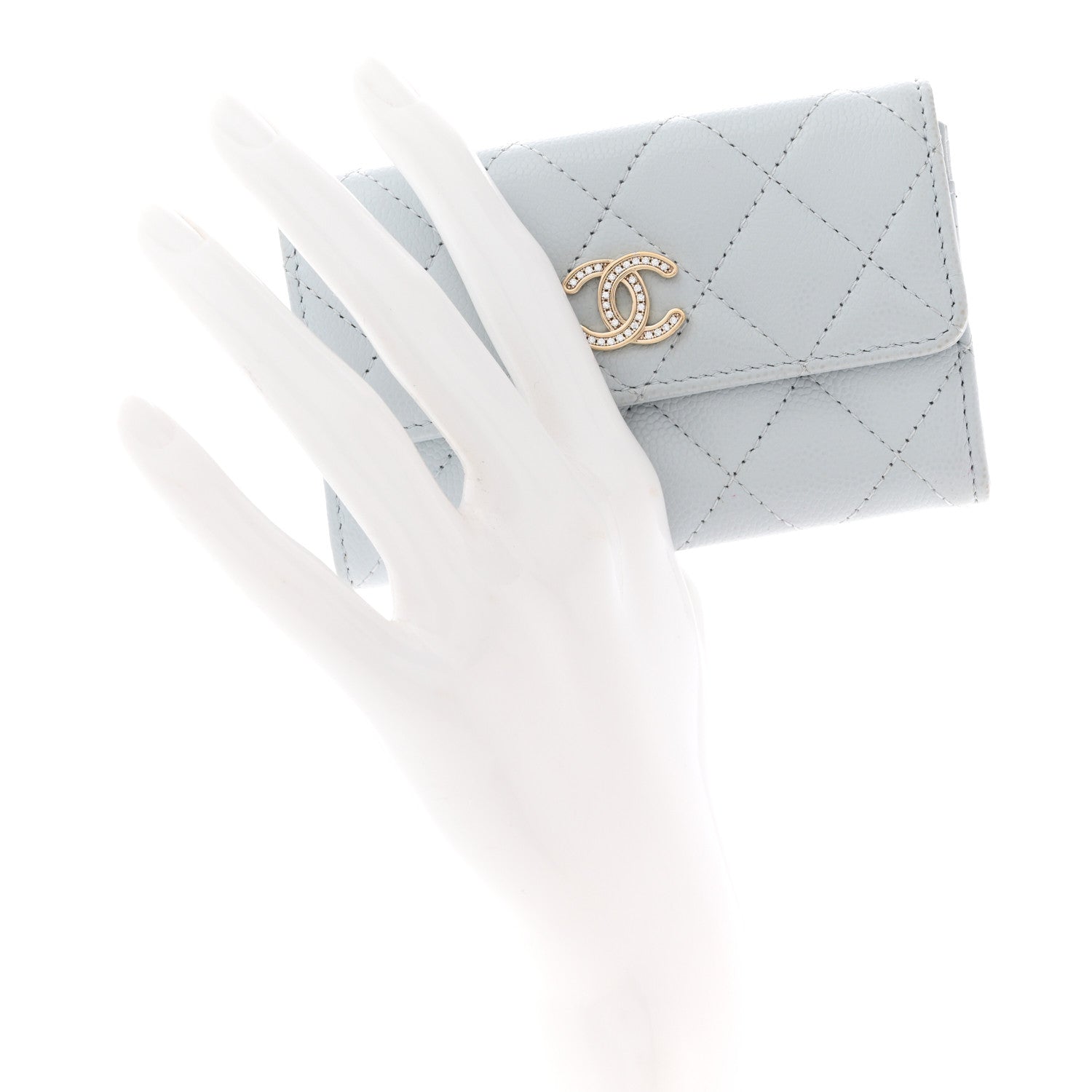 Caviar Quilted Crystal CC Flap Card Holder Light Blue
