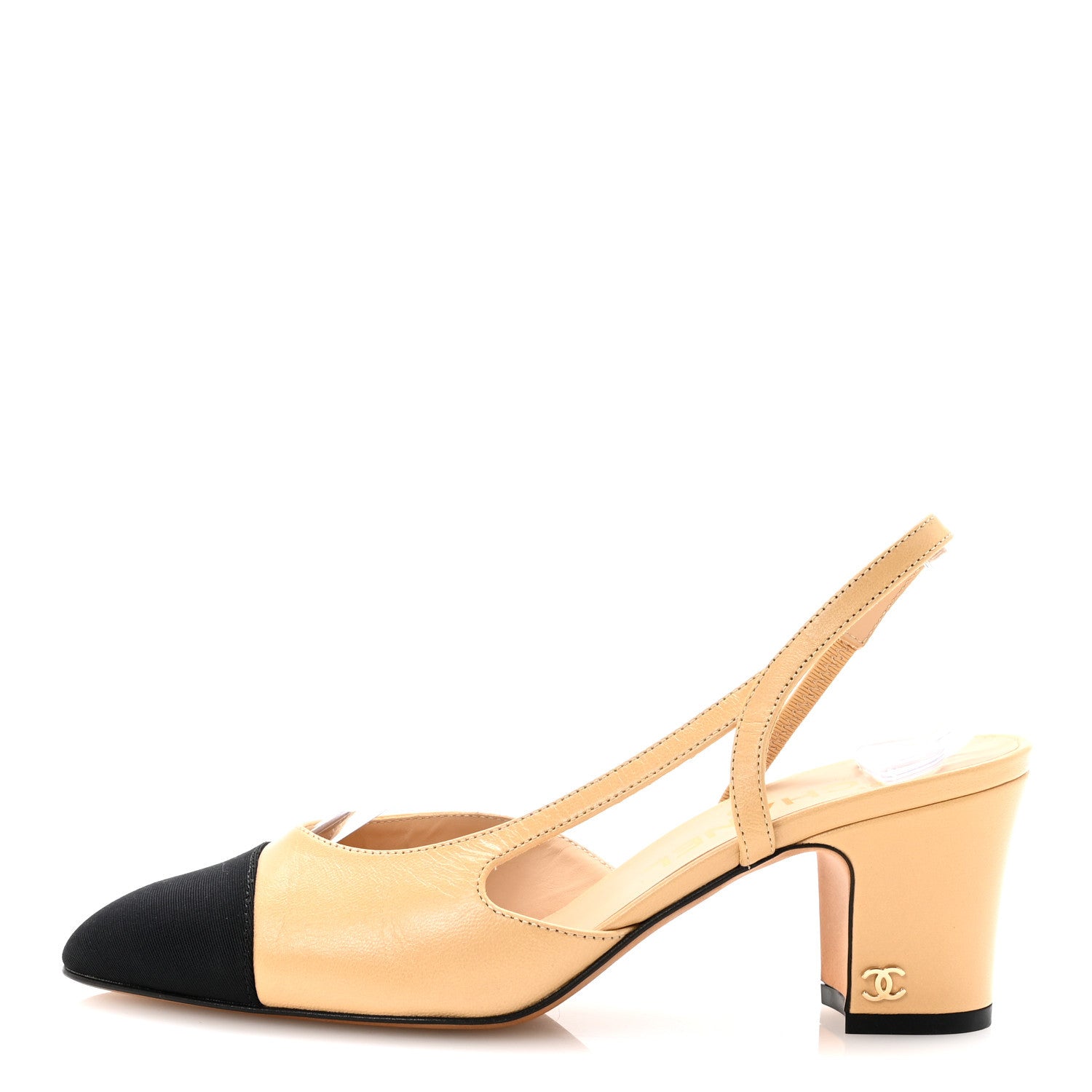 Goatskin Grosgrain Cap Toe CC Slingback Pumps 36.5 Beige Black