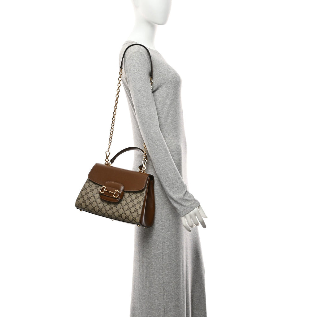 Gucci GG Supreme Monogram Calfskin Medium Horsebit 1955 Top Handle Bag Beige Ebony Brown Sugar