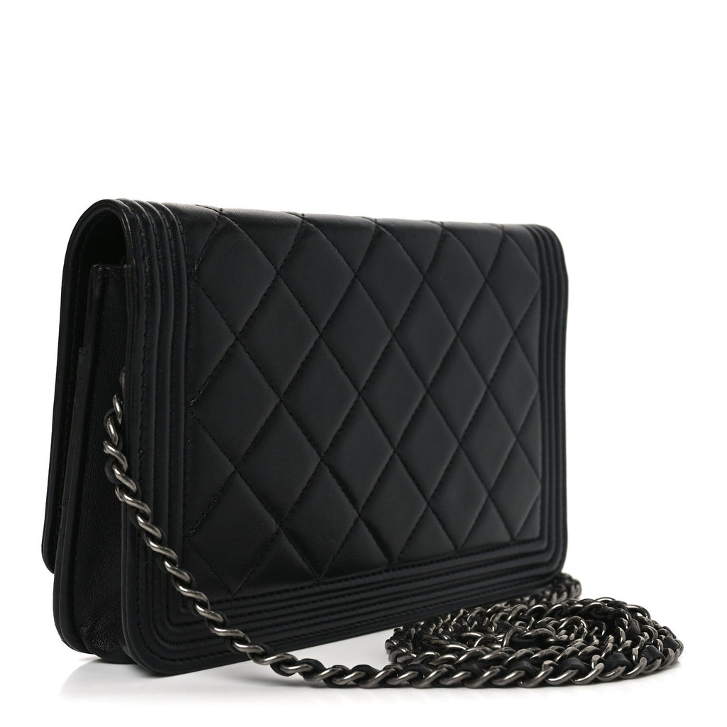Chanel Lambskin Quilted Boy Wallet On Chain WOC Black