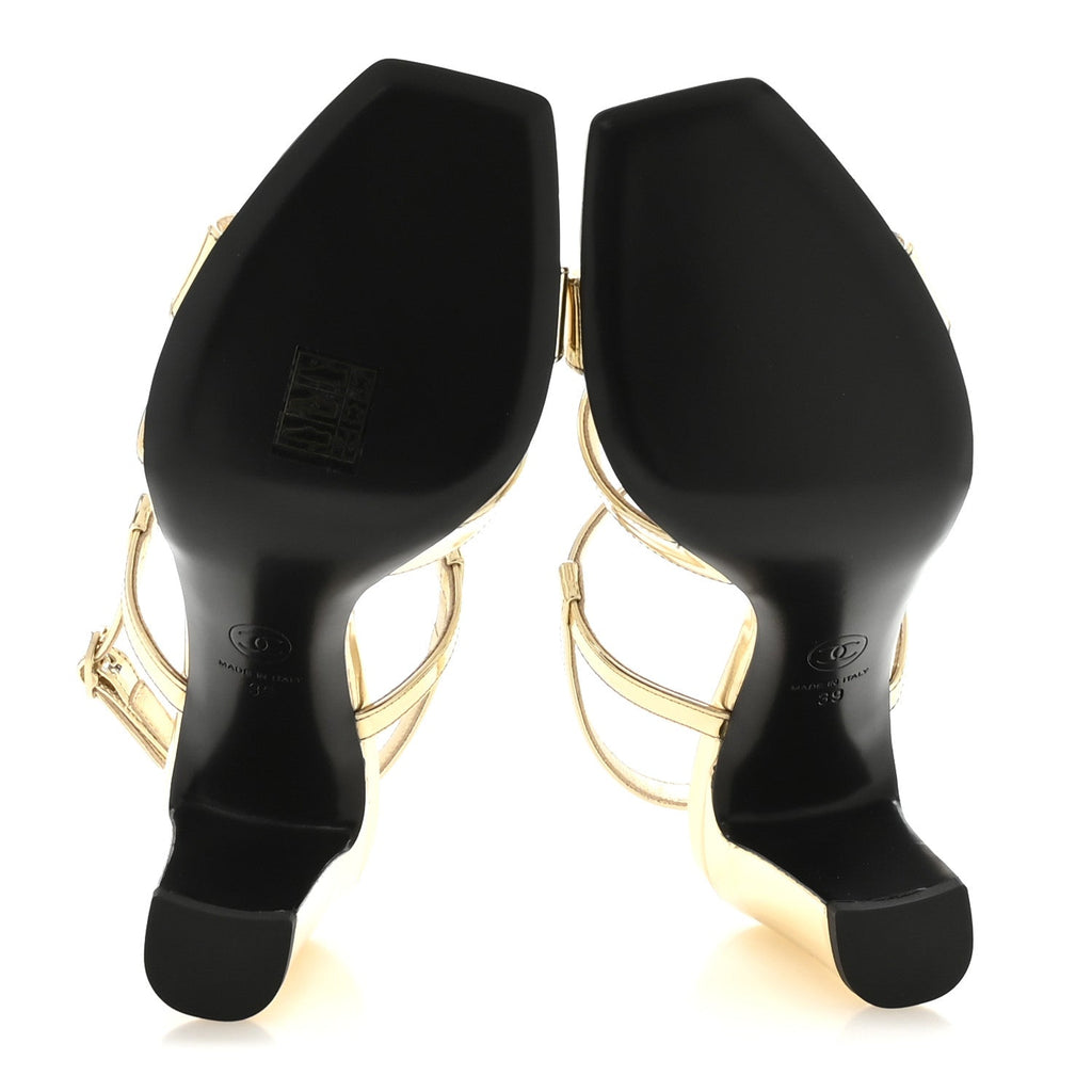 Laminated Calfskin Block Heel Sandals 39 Gold