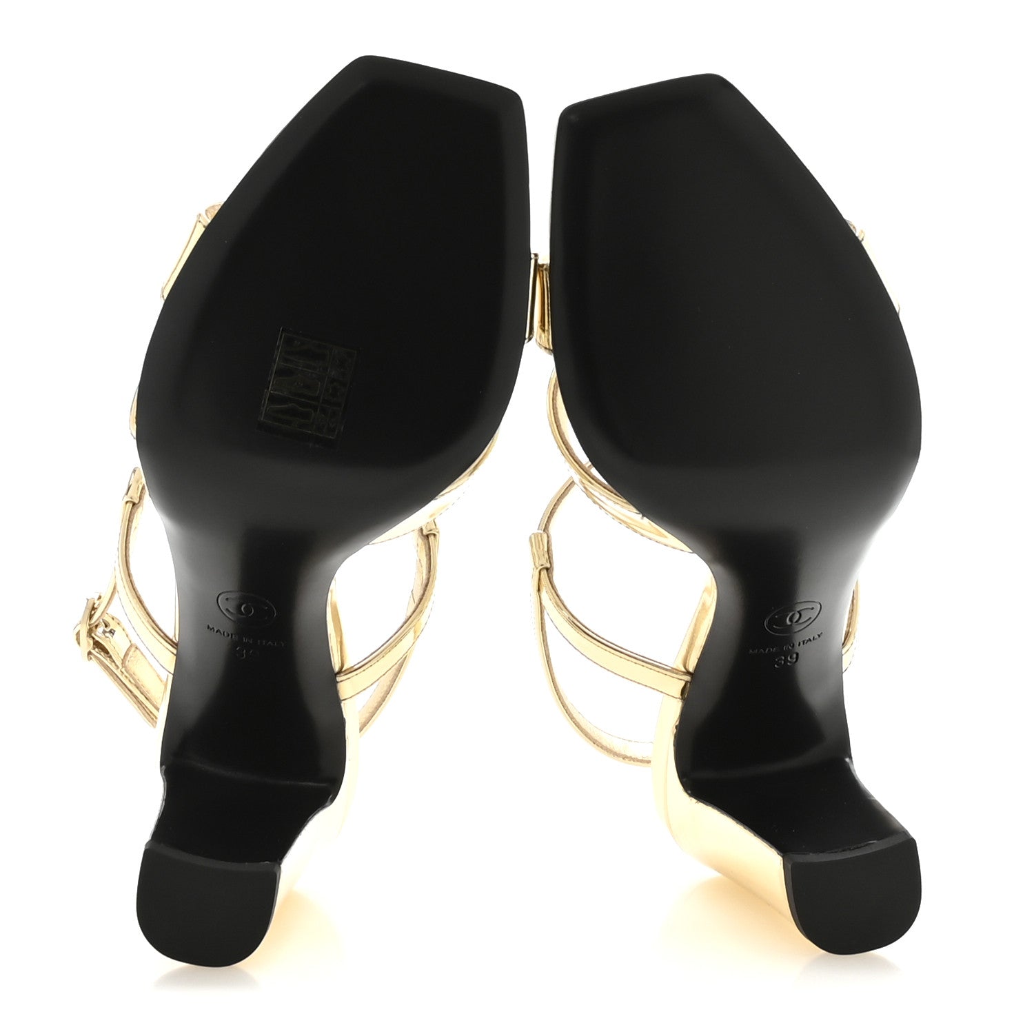 Laminated Calfskin Block Heel Sandals 39 Gold