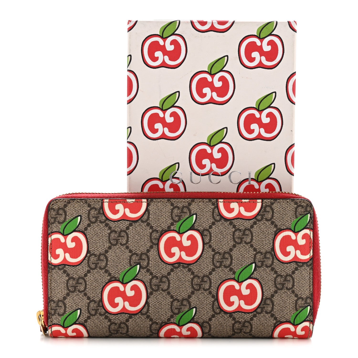 Gucci GG Supreme Monogram Apple Zip Around Wallet Beige Multicolor Lobster Red