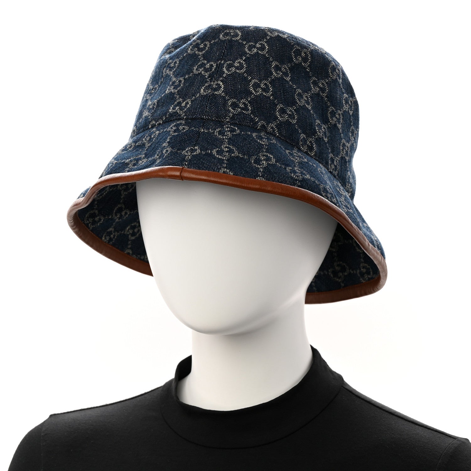 Gucci Washed Jacquard Denim Nappa GG Monogram Oscar Bucket Hat L Denim Cuir
