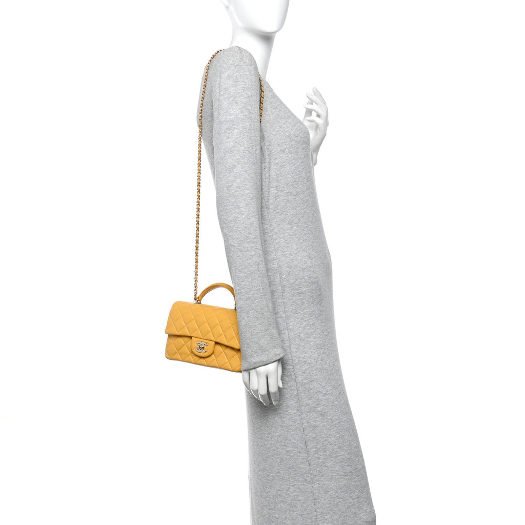 Chanel Lambskin Quilted Mini Top Handle Rectangular Flap Yellow