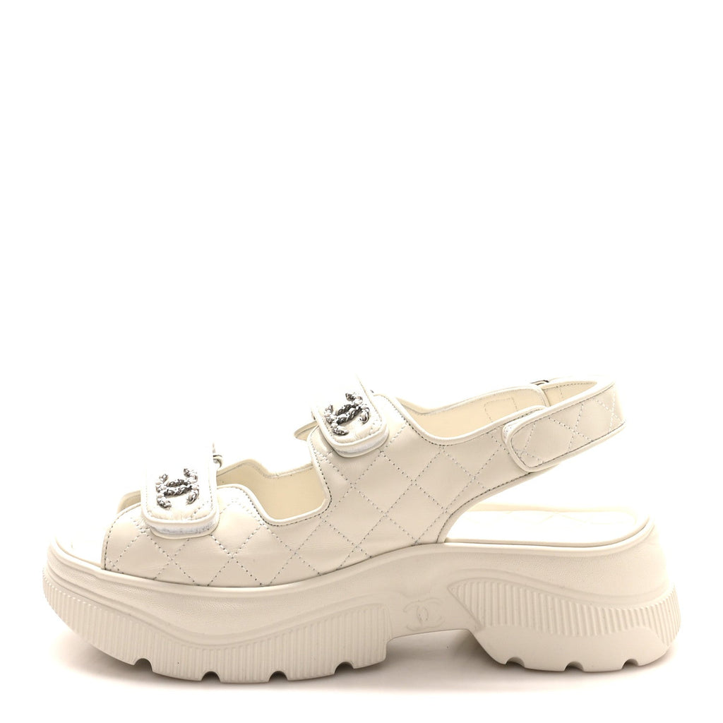 Chanel Shiny Calfskin Chain CC Velcro Dad Platform Sandals 39 White