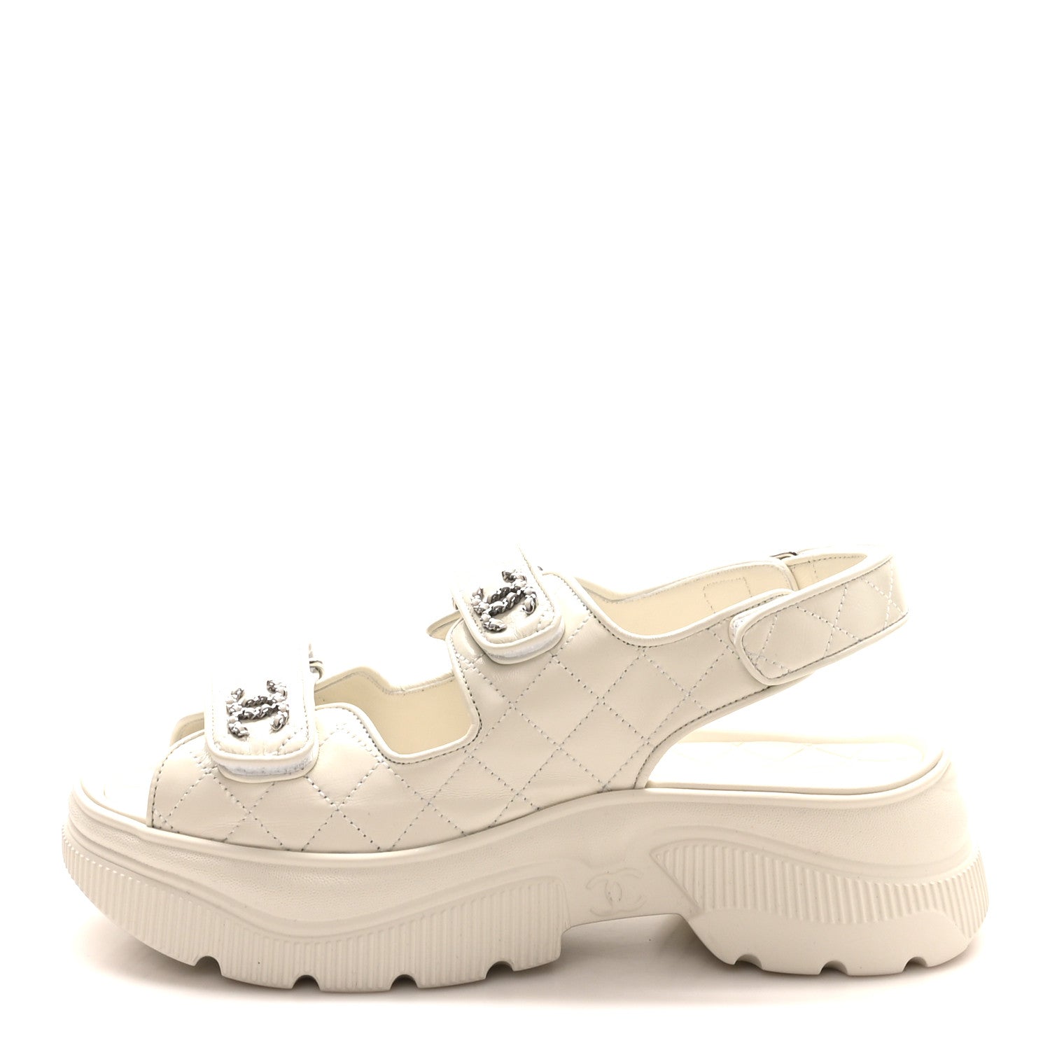 Chanel Shiny Calfskin Chain CC Velcro Dad Platform Sandals 39 White