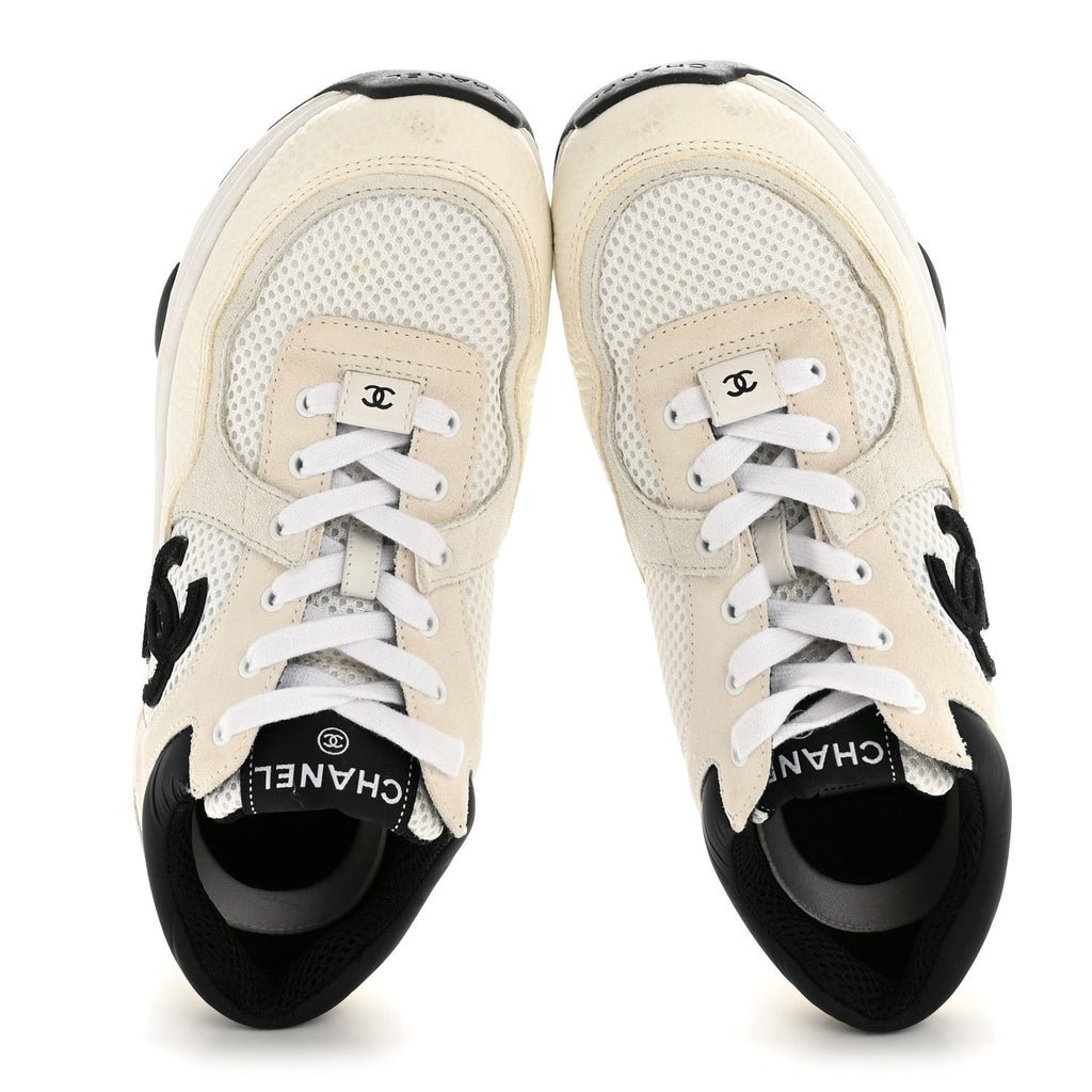 Mesh Suede Grained Calfskin Womens CC Sneakers 36.5 White Black