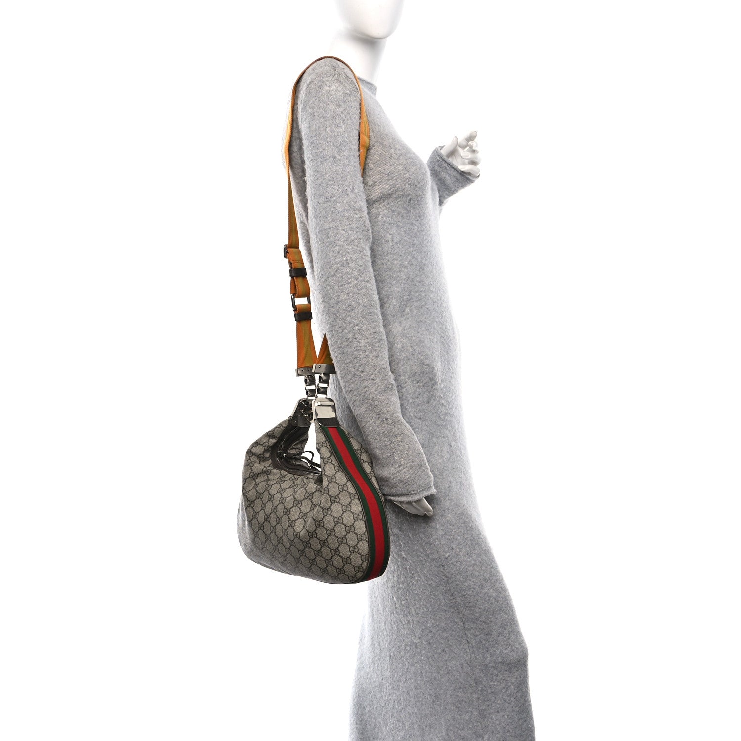 Gucci GG Supreme Monogram Textured Calfskin Web Large Attache Shoulder Bag Beige Ebony New Acero
