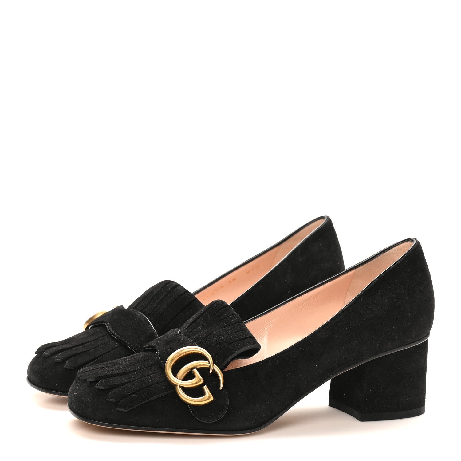 Gucci Kid Scamosciato GG Marmont Fringe 50mm Loafer Pumps 38 Black