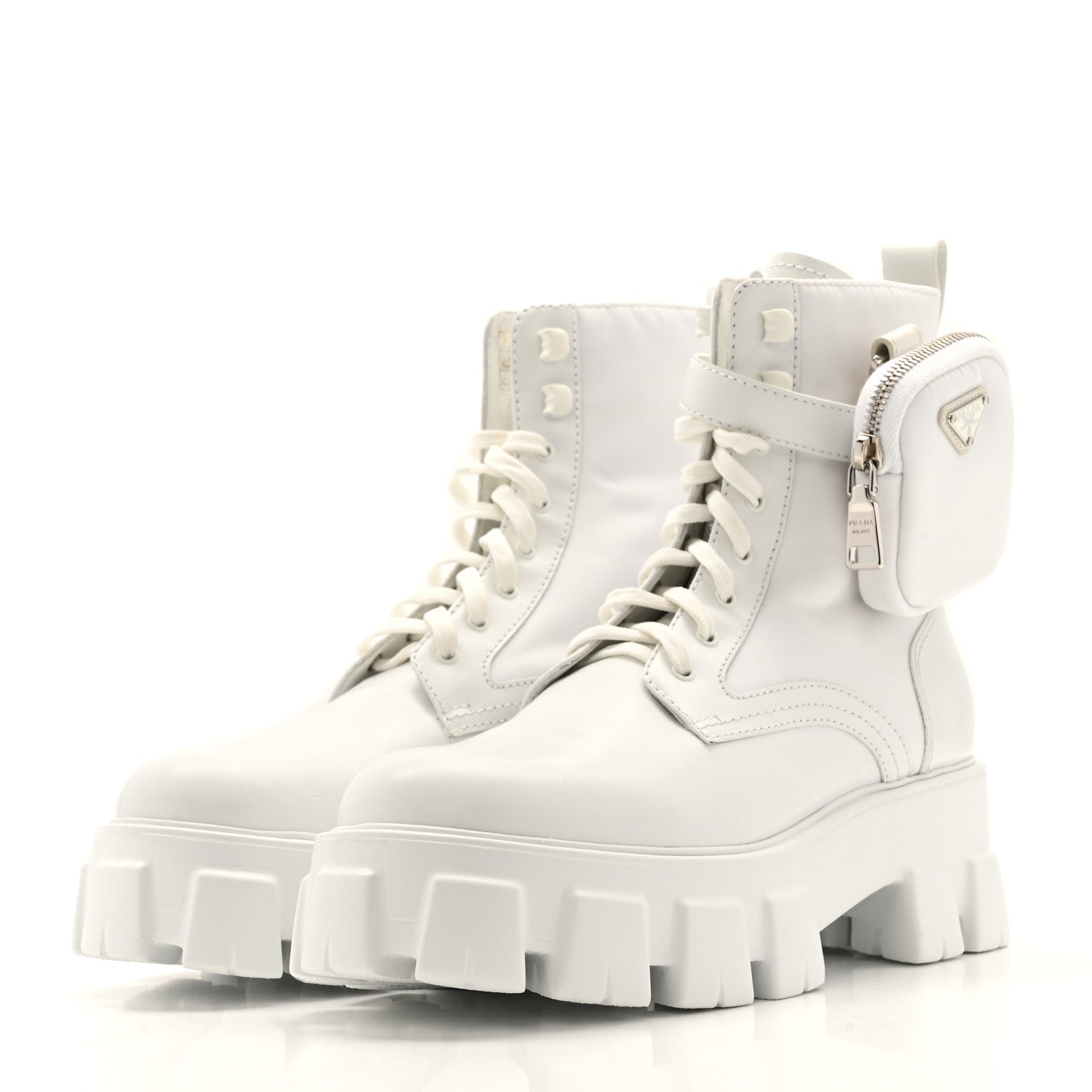 Prada Spazzolato Rois Re-Nylon Metal Triangle Logo Monolith Pouch Pocket 55mm Boots 40 White