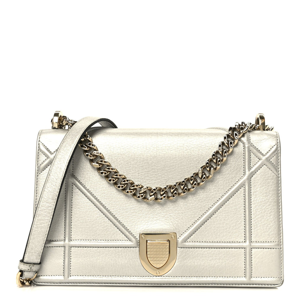 Christian Dior Metallic Grained Calfskin Medium Diorama Flap Bag Silver
