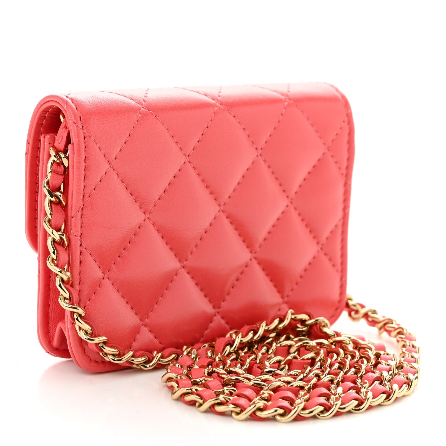Chanel Shiny Lambskin Quilted Card Holder On Chain Pink