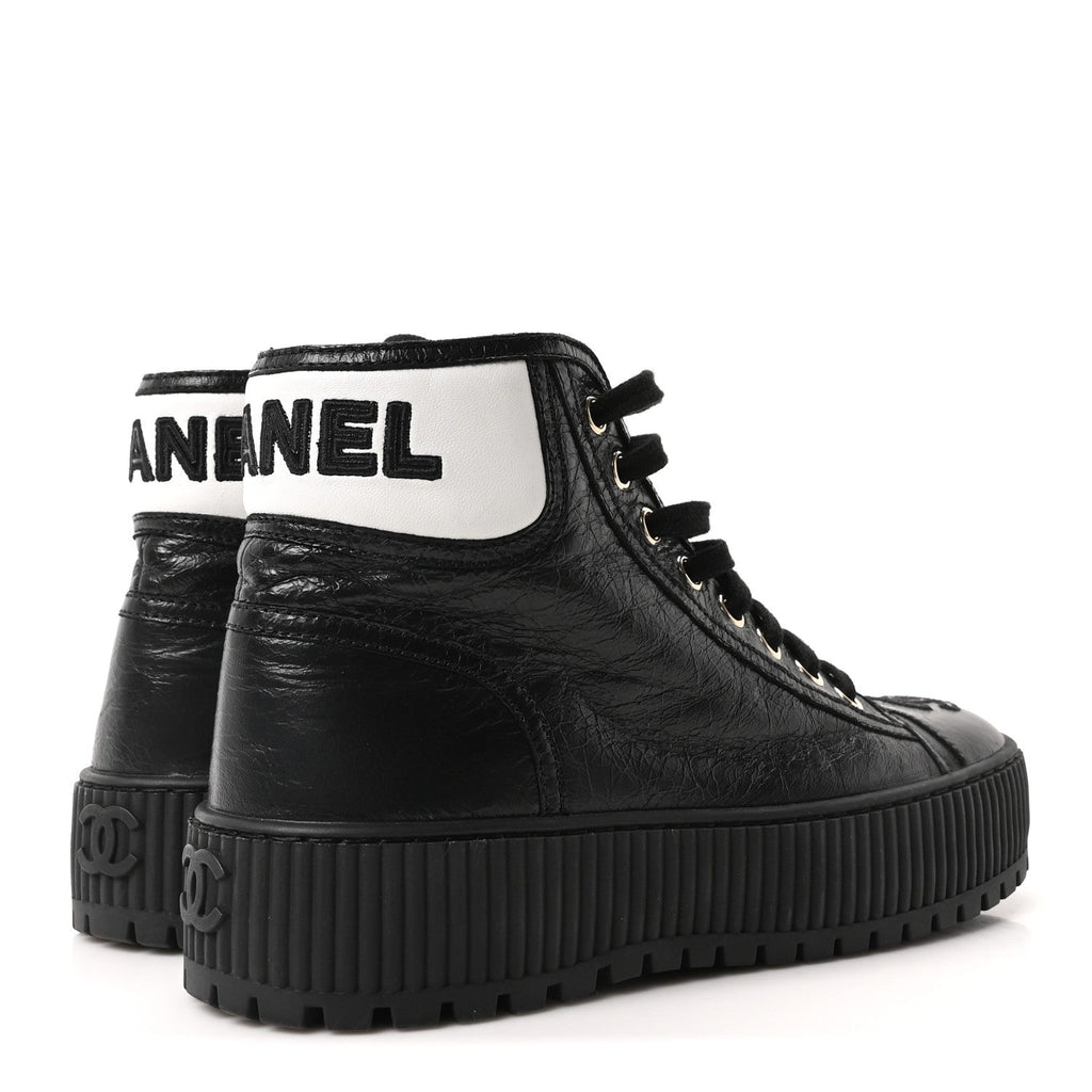 Aged Calfskin Lace Up Cap Toe Sneakers 36 Black White