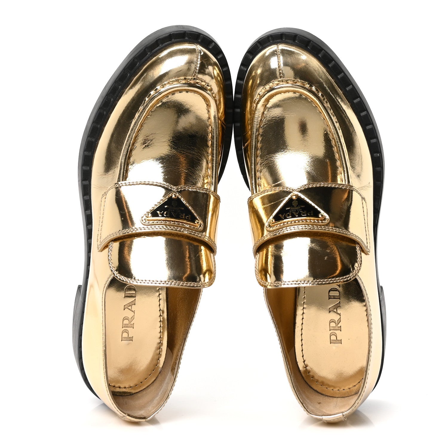 Prada Metallic Brushed Calfskin Metal Triangle Logo 50mm Loafers 39.5 Platino