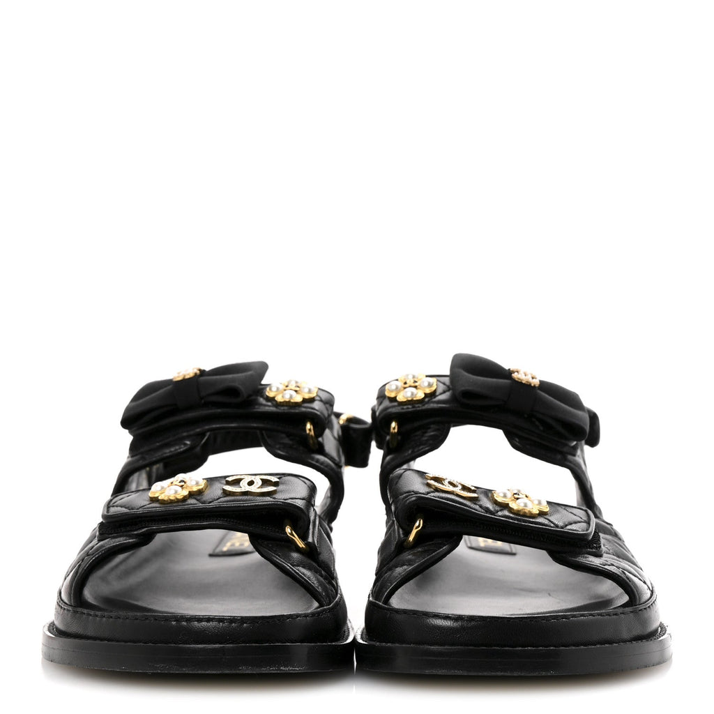 Lambskin Velcro CC Pearl Bow Dad Sandals 38 Black