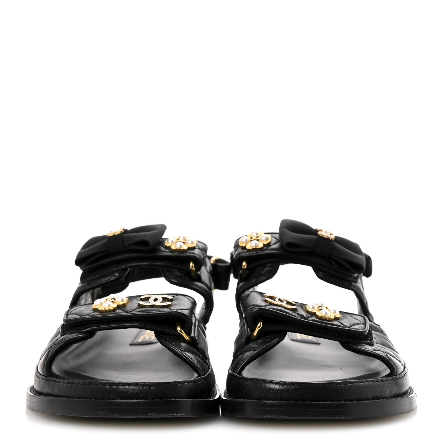 Lambskin Velcro CC Pearl Bow Dad Sandals 38 Black