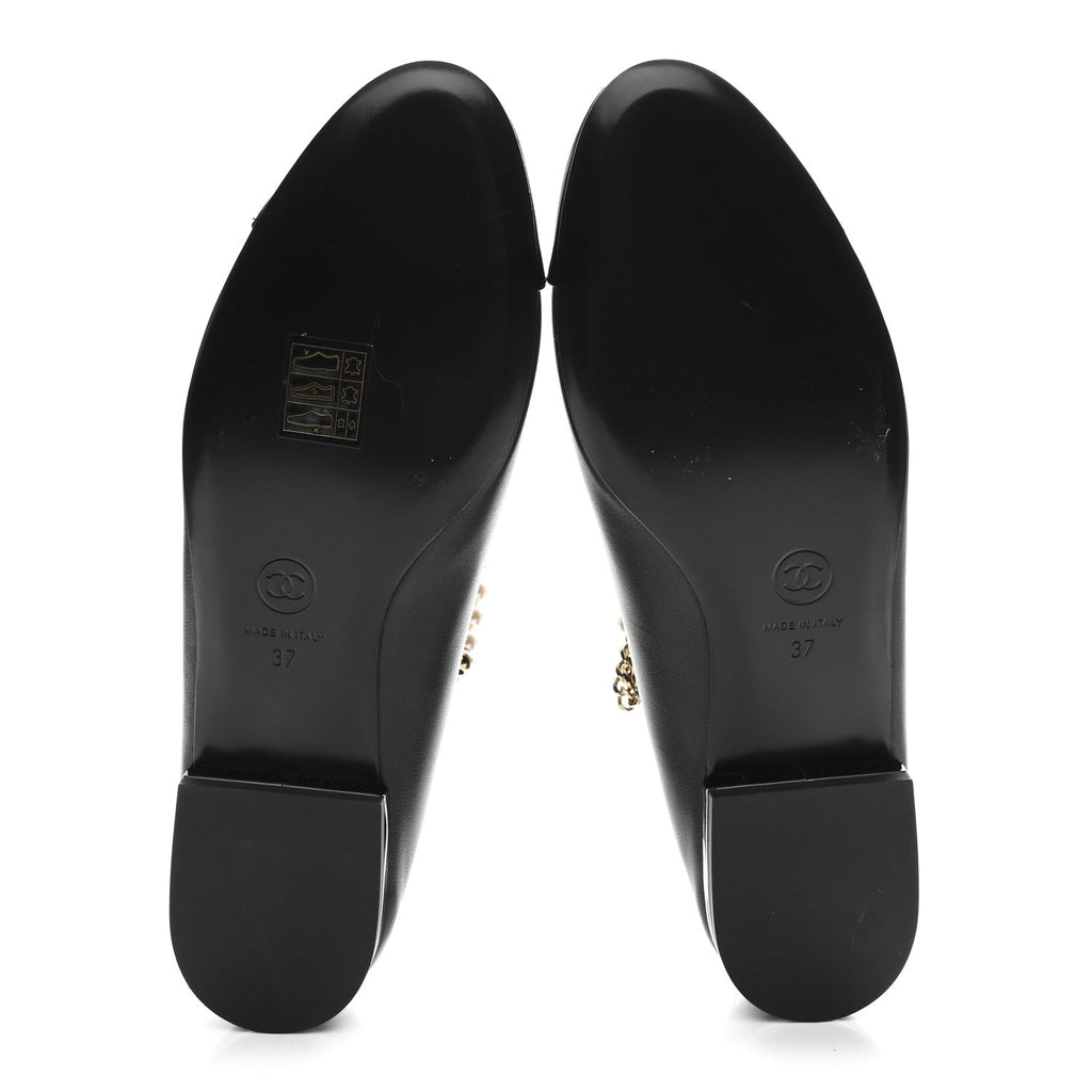 Chanel Shiny Lambskin Pearl Cap Toe Ankle Chain Ballerina Flats 37 Black