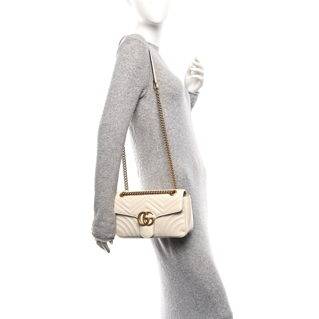 Gucci Calfskin Matelasse Small GG Marmont Shoulder Bag White