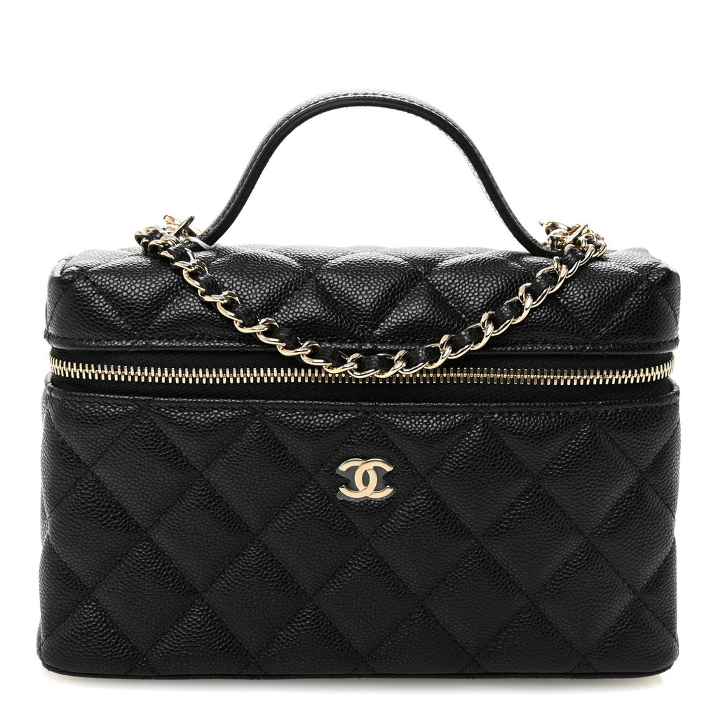 Chanel Caviar Quilted Top Handle Slim Vanity With Chain Black