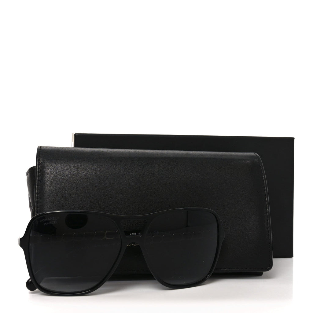 Metal Calfskin Polarized CC Chain Pilot Sunglasses 5439-Q-A Black