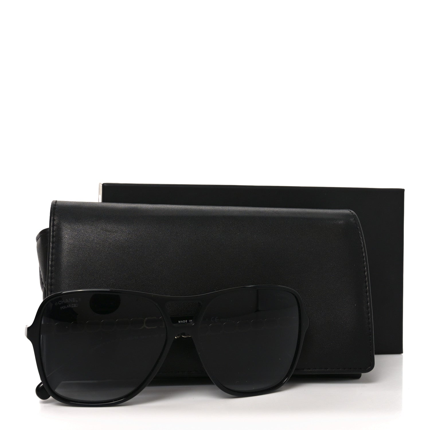 Metal Calfskin Polarized CC Chain Pilot Sunglasses 5439-Q-A Black