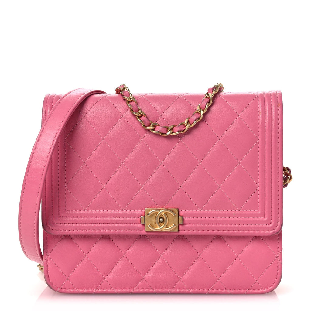Chanel Lambskin Quilted Boy Square Wallet on Chain WOC Pink