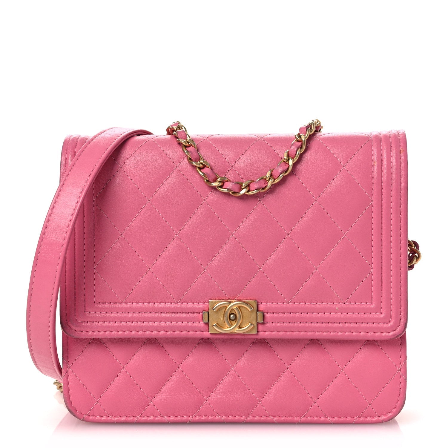 Chanel Lambskin Quilted Boy Square Wallet on Chain WOC Pink