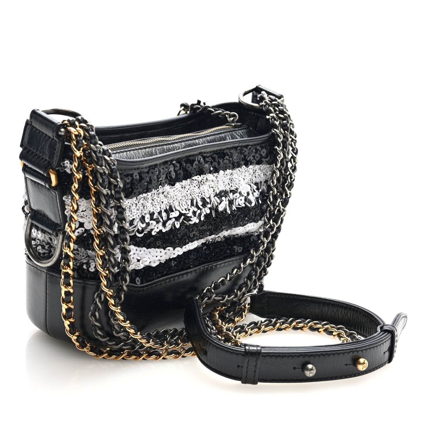 Chanel Sequin Calfskin Small Gabrielle Hobo Black White