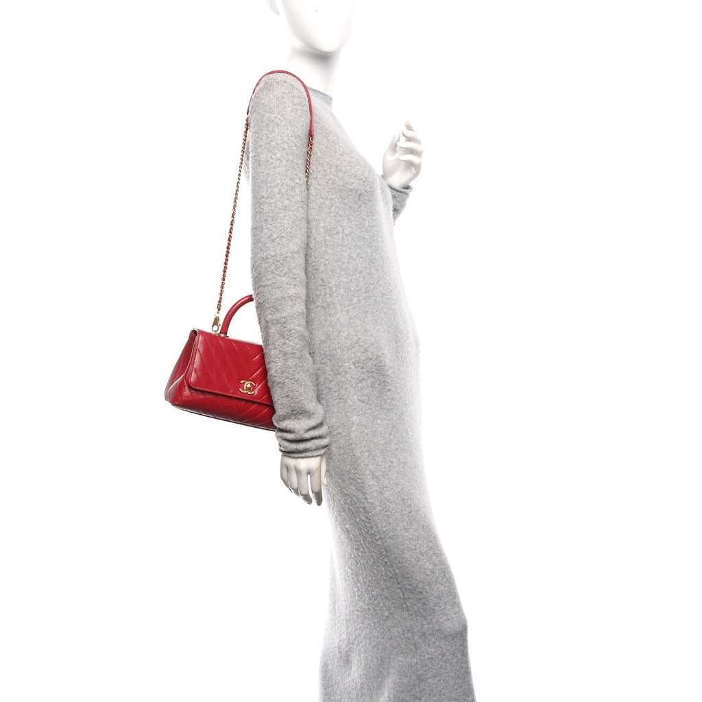 Chanel Aged Calfskin Chevron Quilted Mini Coco Handle Flap Red