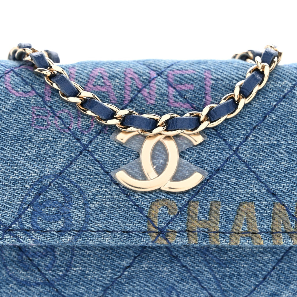 Chanel Denim Quilted Denim Mood Clutch With Chain Blue Multicolor