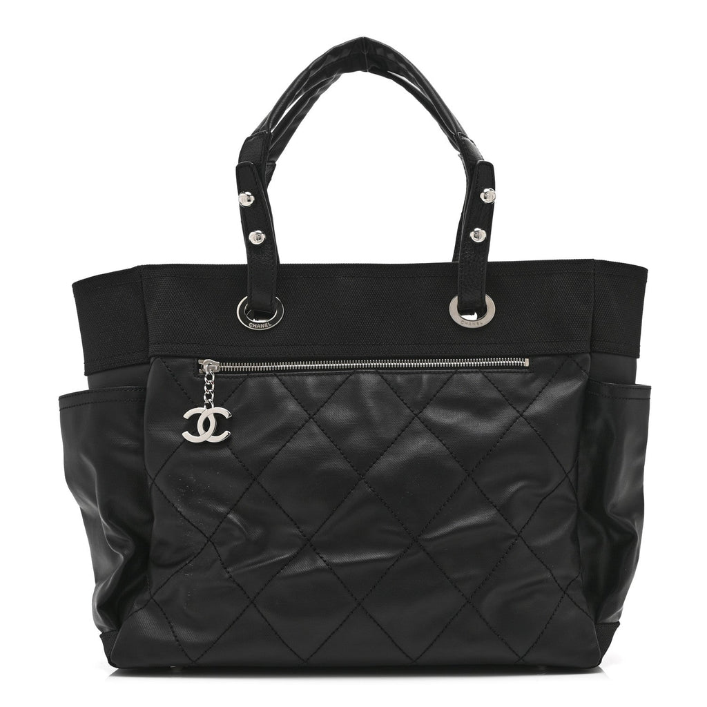 Chanel Coated Canvas Quilted Large Paris Biarritz Tote Black