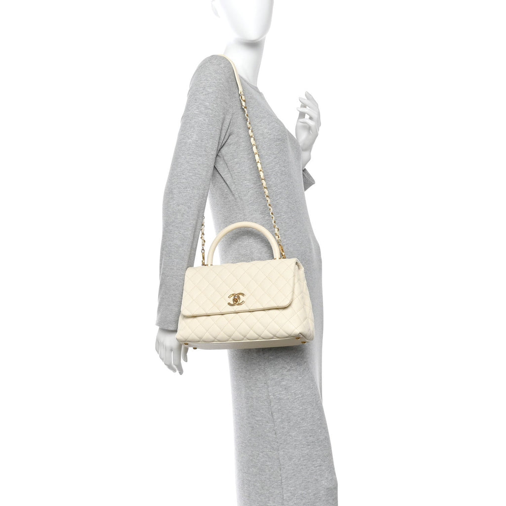 Chanel Caviar Quilted Small Coco Handle Flap White