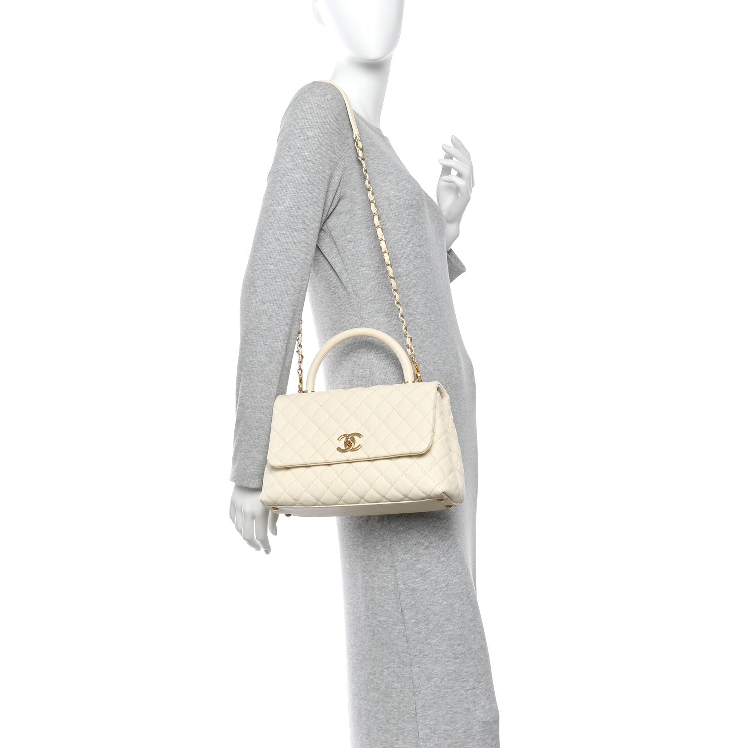 Chanel Caviar Quilted Small Coco Handle Flap White