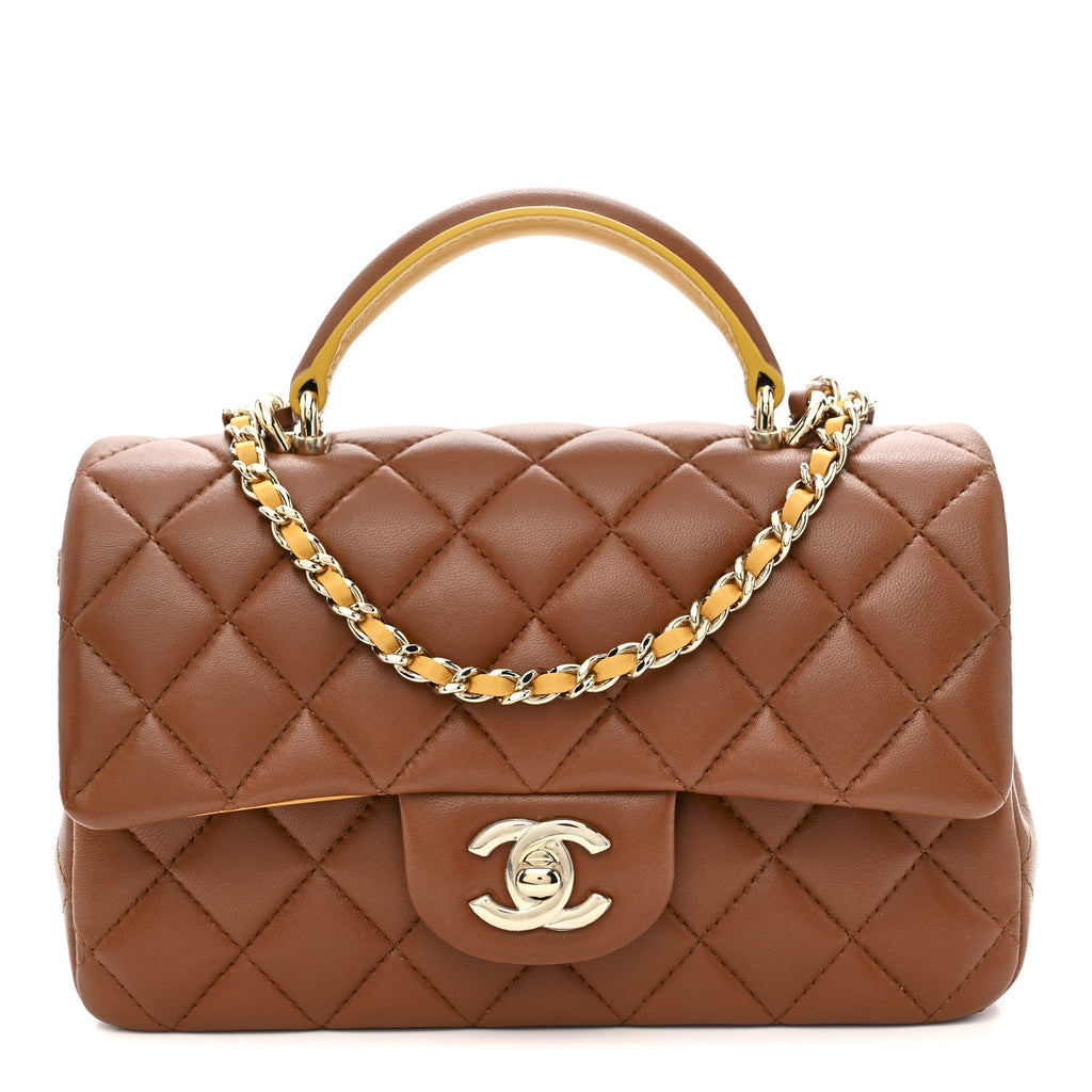 Chanel Lambskin Quilted Bi-Color Mini Top Handle Rectangular Flap Light Brown Yellow