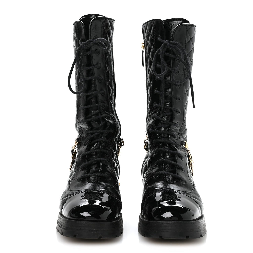 Chanel Shiny Calfskin Patent Quilted Chain Lace Up Combat Long Boots 38.5 Black