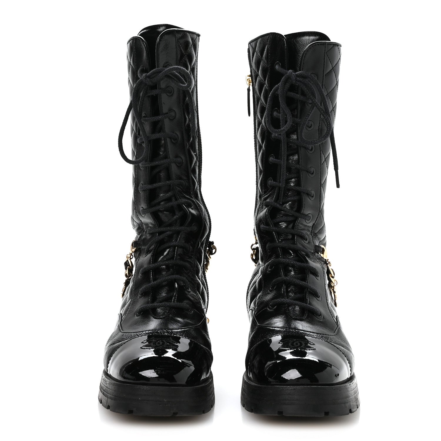 Chanel Shiny Calfskin Patent Quilted Chain Lace Up Combat Long Boots 38.5 Black
