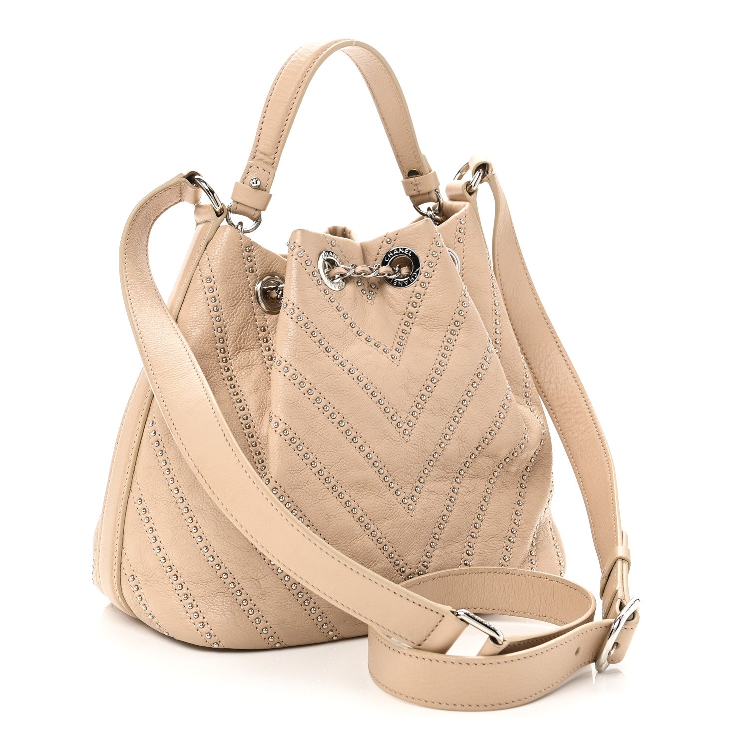 Chanel Calfskin Studded Chevron Quilted Small Stud Wars Drawstring Bag Beige