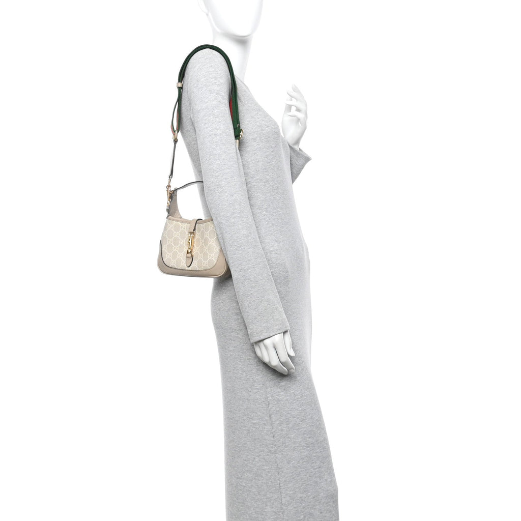 Gucci GG Supreme Monogram Textured Dollar Calfskin Mini Jackie 1961 Hobo Beige Mystic White Oatmeal