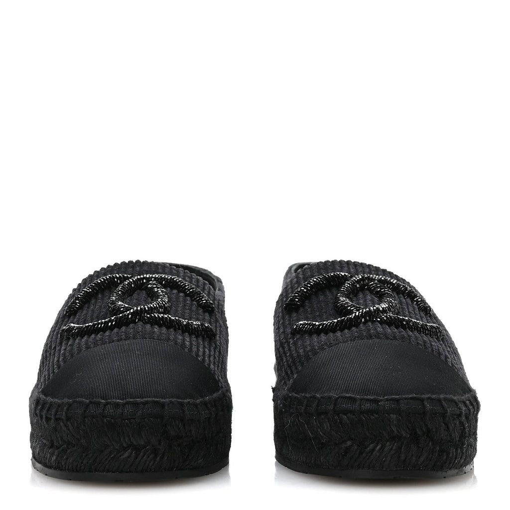 Corduroy Grosgrain Cap Toe CC Espadrille Flats 39 Black