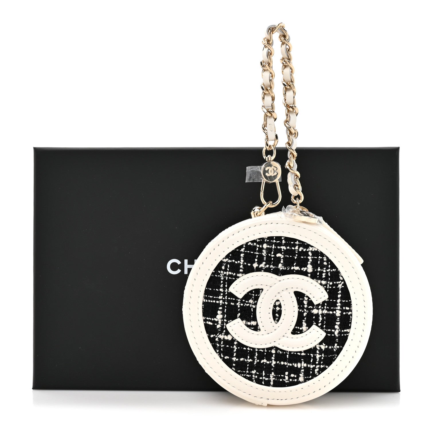 Chanel Tweed Quilted Round Filigree Pouch With Chain White Black