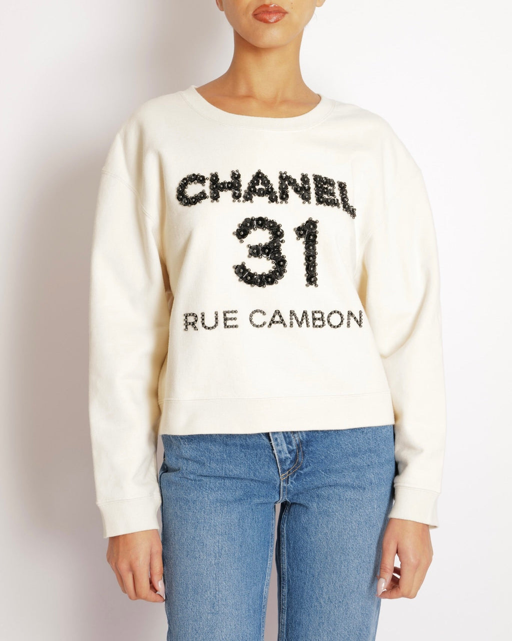 Chanel Pre-Fall 2020 Beige 31 Rue Cambon Sweater with Black Floral Appliqué Logo Size L (UK 12)