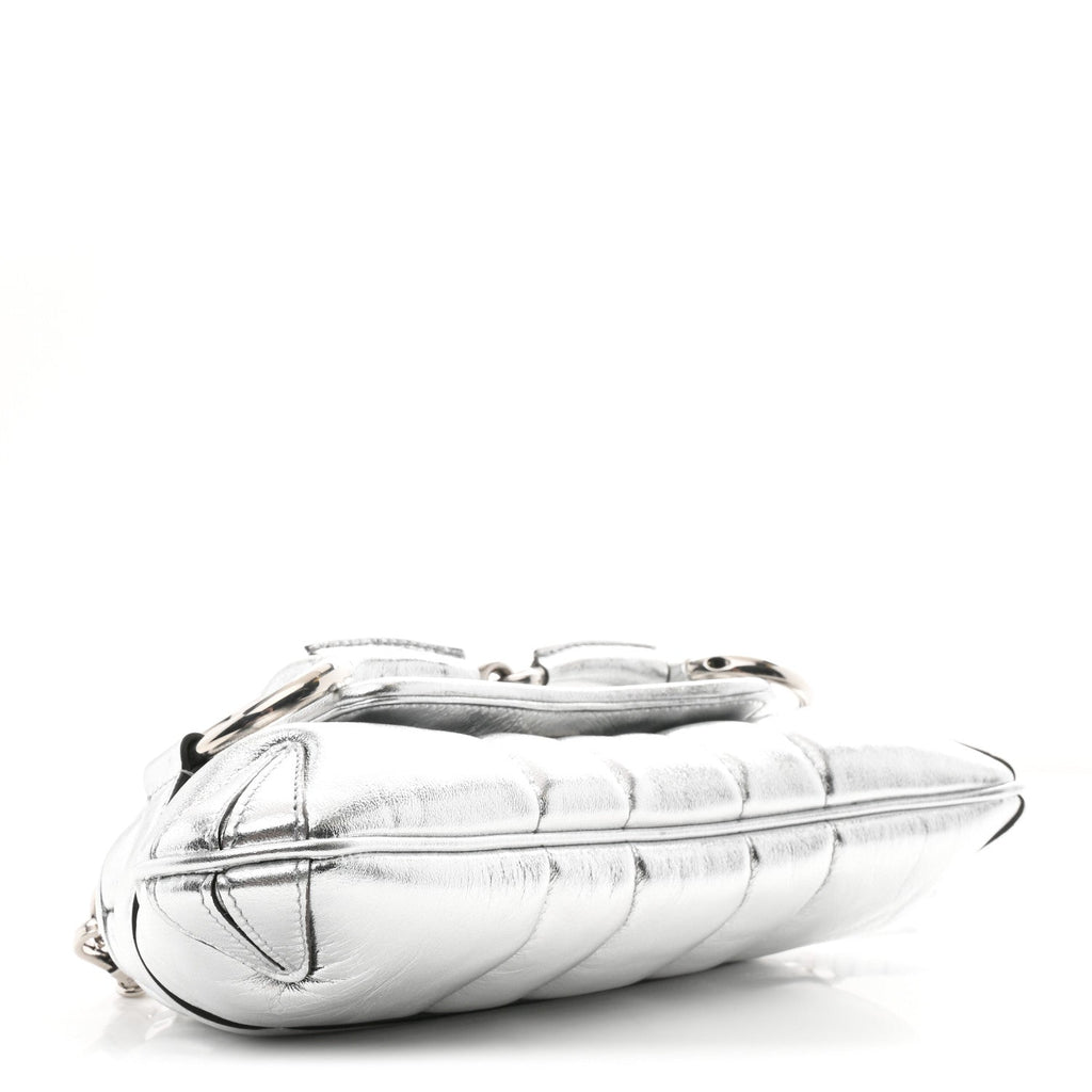 Gucci Metallic Nappa Vertical Matelasse Small Maxi Horsebit Chain Shoulder Bag Silver