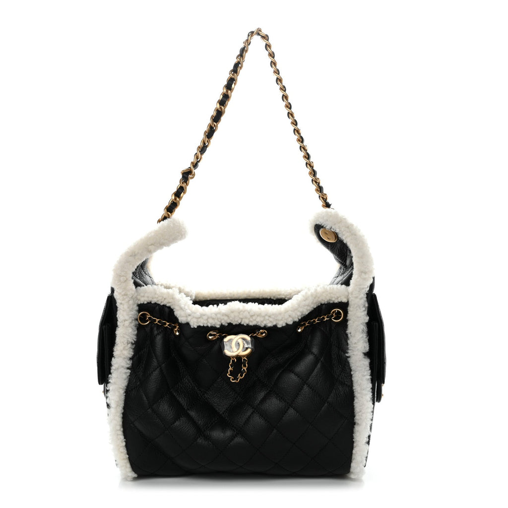 Chanel Crumpled Sheepskin Shearling Quilted Small Chanel 25 Handbag Black White