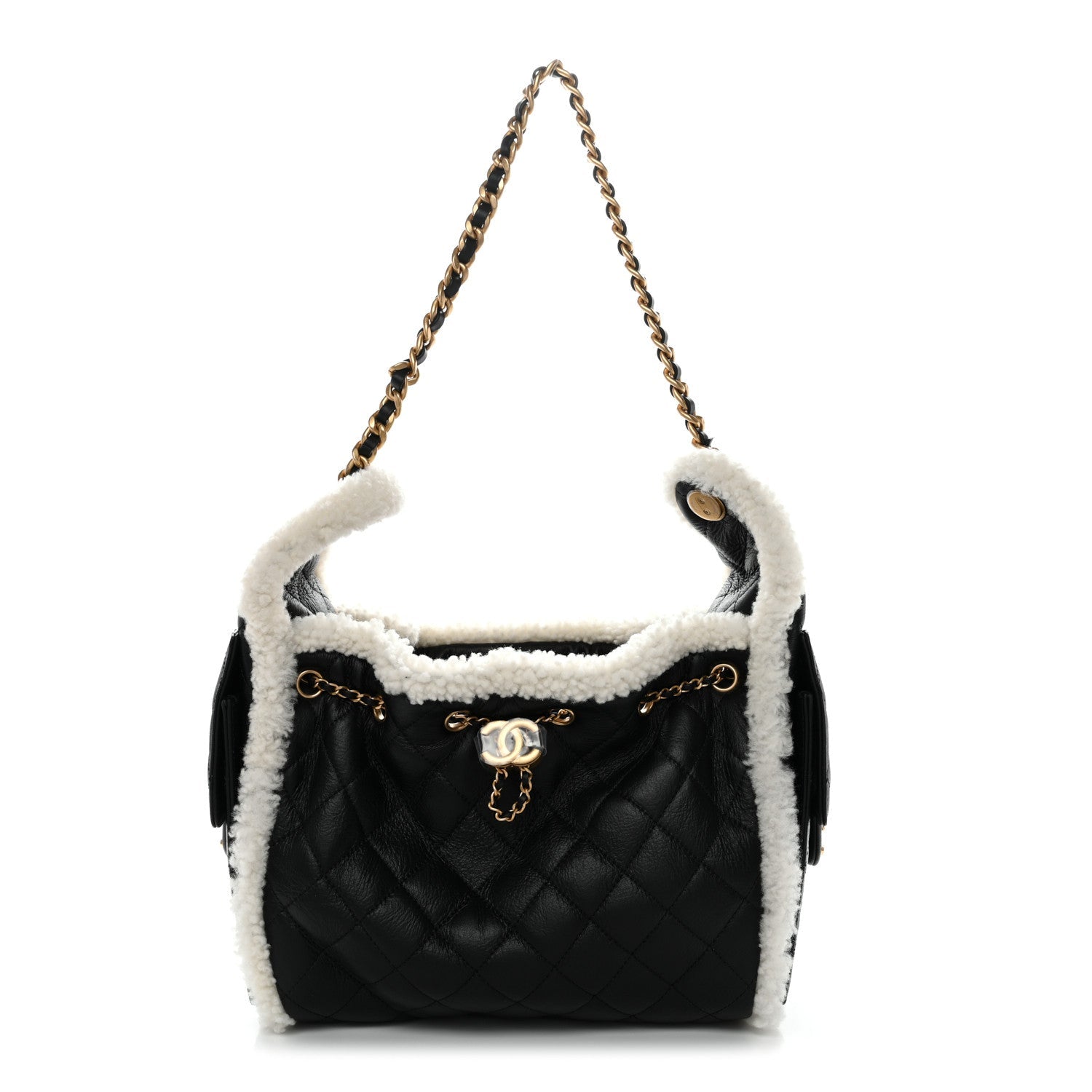 Chanel Crumpled Sheepskin Shearling Quilted Small Chanel 25 Handbag Black White