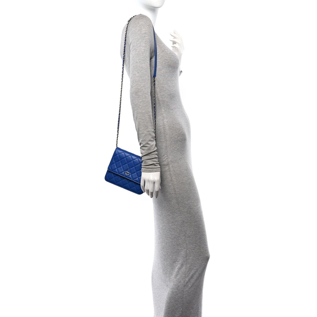 Chanel Lambskin Quilted Square Wallet On Chain WOC Blue