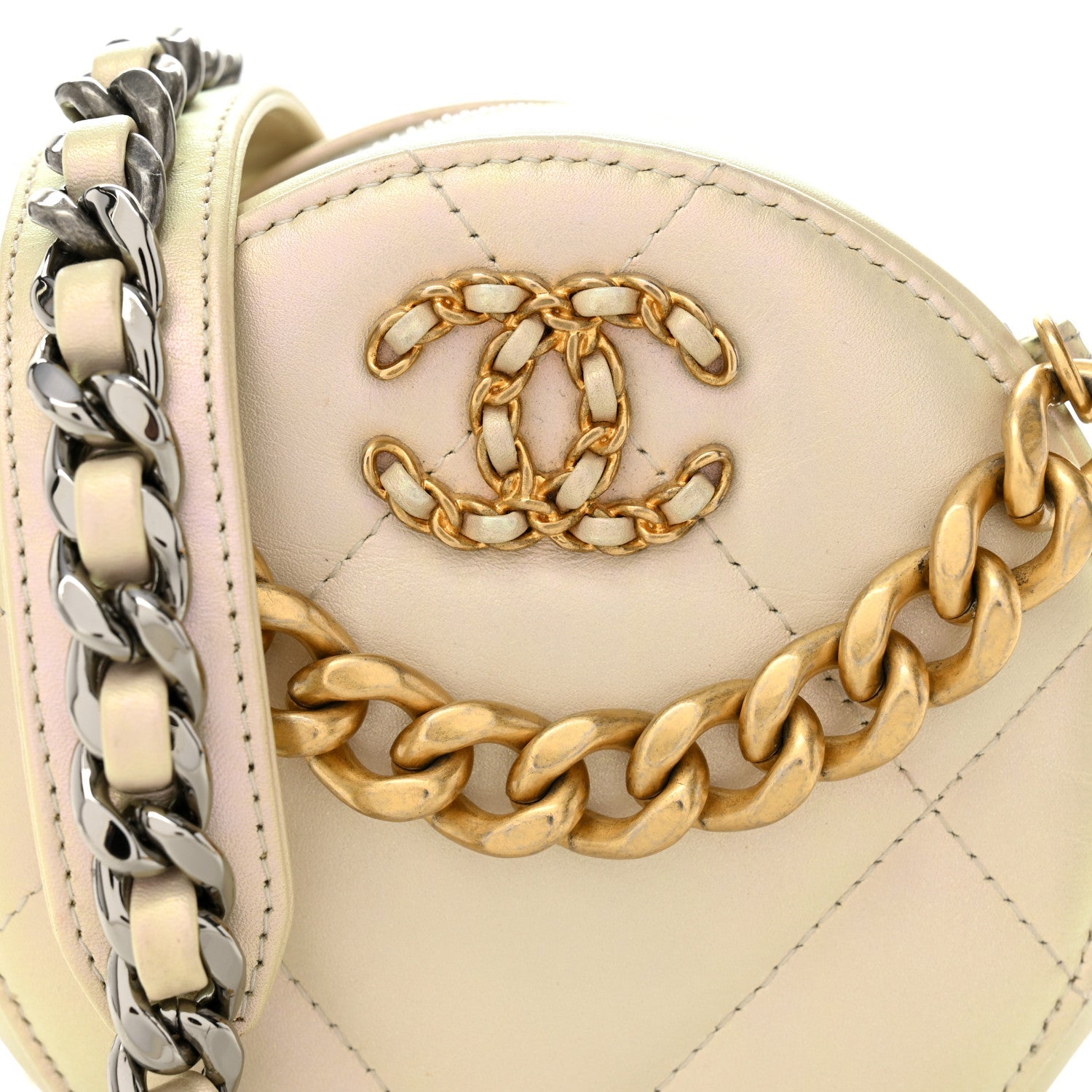 Chanel Iridescent Calfskin Quilted Chanel 19 Round Clutch With Chain White